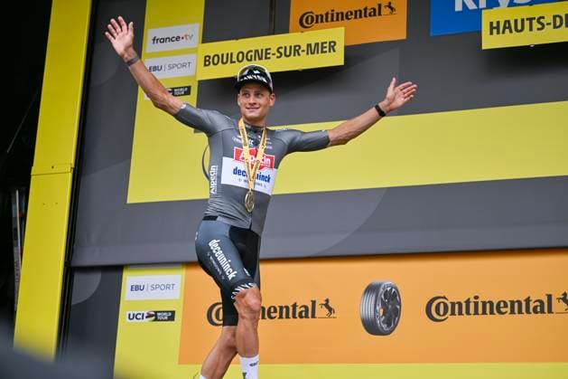 Tour de France 2025 Stage 2 BOULOGNE-SUR-MER, FRANCE - JULY 06 : Van Der Poel Mathieu (NED) of Alpecin - Deceuninck on the podium during stage 2 of the 112th edition of Tour de France an UCI World Tour 2.UWT cycling road race stage for Men Elite of 212 km with start in Lauwin-Planque and finish in Boulogne-sur-Mer on July 6, 2025 in Boulogne-sur-Mer, France, 06 07 2025 ( Motordriver Kenny Verfaillie - Boulogne-sur-Mer France  Copyright: xJanxDexMeuleneirx