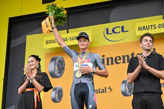 Tour de France 2025 Stage 2 BOULOGNE-SUR-MER, FRANCE - JULY 06 : Van Der Poel Mathieu (NED) of Alpecin - Deceuninck on the podium during stage 2 of the 112th edition of Tour de France an UCI World Tour 2.UWT cycling road race stage for Men Elite of 212 km with start in Lauwin-Planque and finish in Boulogne-sur-Mer on July 6, 2025 in Boulogne-sur-Mer, France, 06 07 2025 ( Motordriver Kenny Verfaillie - Boulogne-sur-Mer France  Copyright: xJanxDexMeuleneirx