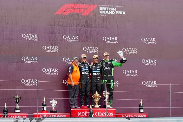 FORMULA 1 BRITISH GRAND PRIX 2025 Nico Hulkenberg (27), Stake F1 Team Kick Sauber C45 celebrates 3rd place with Lando Norris 4 (GBR), McLaren MCL39 Oscar Piastri 81 (Aus), McLaren MCL39 during the FORMULA 1 QATAR AIRWAYS BRITISH GRAND PRIX 2025 at the Silverstone Circuit, Silverstone, England, United Kingdom on 6 July 2025 Credit: Robbie Hoad Every Second Media Editorial use only. All images are copyright Every Second Media Limited. No images may be reproduced without prior permission. Copyright: xIMAGO EveryxSecondxMediax ESM-1520-0051 RobbiexHoadx xEveryxSecondxMediax