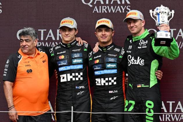 6th July 2025; Silverstone Circuit, Northamptonshire, England; Formula 1 2025 Qatar Airways British F1 Grand Prix; Race Day; Peter Prodromou, with race winner Lando Norris, second placed Oscar Piastri and third place Nico Hulkenberg of Kick Sauber  ActionPlus12810761 SimonxWest
