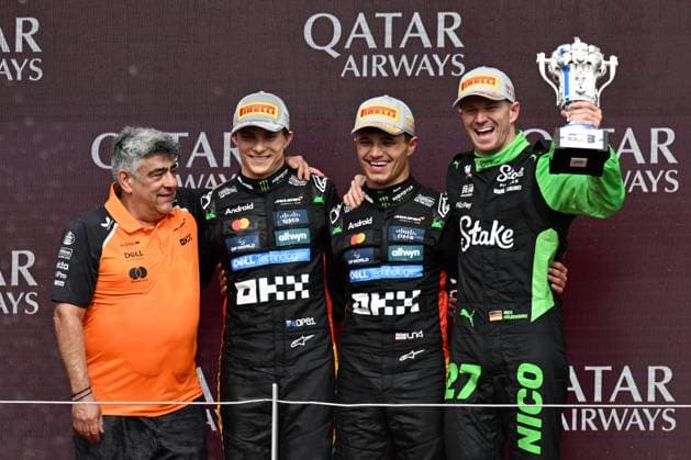 6th July 2025; Silverstone Circuit, Northamptonshire, England; Formula 1 2025 Qatar Airways British F1 Grand Prix; Race Day; McLaren Technical Director, Peter Prodromou, with race winner Lando Norris, second placed Oscar Piastri and Nico Hulkenberg of Kick Sauber  ActionPlus12810763 SimonxWest