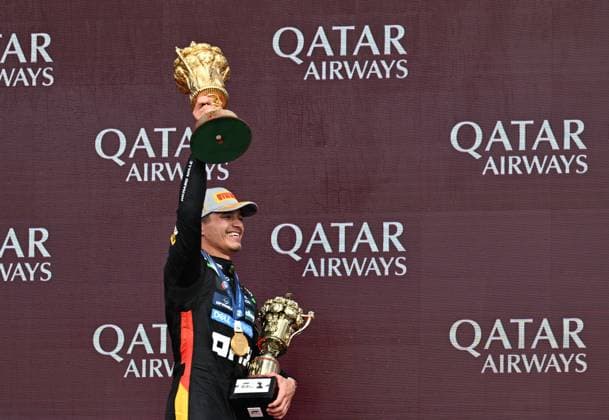 6th July 2025; Silverstone Circuit, Northamptonshire, England; Formula 1 2025 Qatar Airways British F1 Grand Prix; Race Day; Lando Norris of McLaren holds the winners trophies after winning the British Grand Prix  ActionPlus12810767 SimonxWest