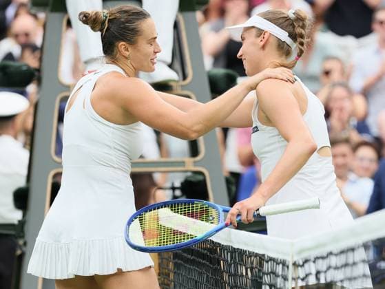 Belarussian Aryna Sabalenka and Belgian Elise Mertens pictured after a tennis match between Belgian Mertens and Belarusian Sabalenka, in the round of 16 of the women s singles at the 2025 Wimbledon grand slam tournament, Sunday 06 July 2025 at the All England Tennis Club, in South-West London, Britain. BENOITxDOPPAGNE  x128549994x