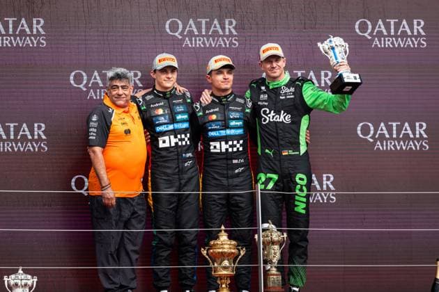 Formula 1 Qatar Airways British Grand Prix 2025 Alexis Perrin OVERTAKE MAXPPP - Silverstone 06 07 2025 Podium top 3 04 NORRIS Lando (gbr), McLaren F1 Team, portrait, 81 PIASTRI Oscar (aus), McLaren F1 Team, portrait, 27 HULKENBERG Nico (ger), Stake F1 Team KICK Sauber, portrait during the Formula 1 Qatar Airways British Grand Prix 2025, the 12th round of the 2025 FIA Formula 1 World Championship, WM, Weltmeisterschaft at the Silverstone Circuit in Silverstone, United Kingdom, from July 3 to 6, 2025 Silverstone United Kingdom Copyright: xOVERTAKE MAXPPPxAlexisxPerrinx OVT202507062412 OVT202507062412