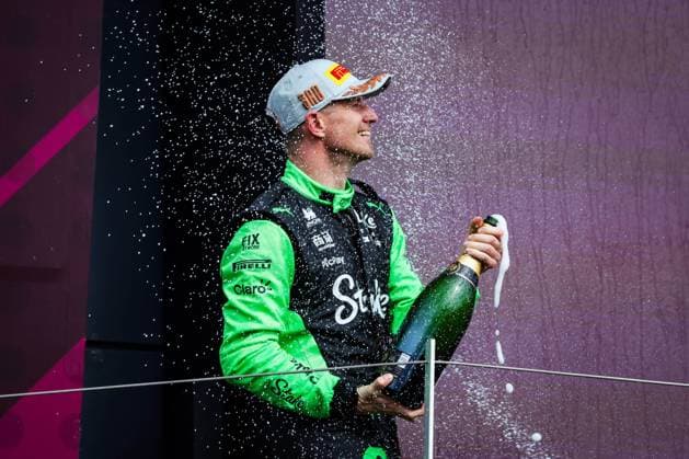 F1 - BRITISH GRAND PRIX 2025 HULKENBERG Nico (ger), Stake F1 Team Kick C45, portrait podium during the Formula 1 Qatar Airways British Grand Prix 2025, 12th round of the 2025 FIA Formula One World Championship, WM, Weltmeisterschaft from July 4 to 6, 2025 on the Silverstone Circuit, in Silverstone, United Kingdom - SilverstoneUnited Kingdom  Copyright: xFLORENTxGOODENx