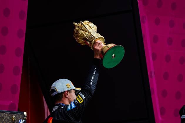 F1 - BRITISH GRAND PRIX 2025 NORRIS Lando (gbr), McLaren F1 Team MCL39, portrait podium with 2 trophies during the Formula 1 Qatar Airways British Grand Prix 2025, 12th round of the 2025 FIA Formula One World Championship, WM, Weltmeisterschaft from July 4 to 6, 2025 on the Silverstone Circuit, in Silverstone, United Kingdom - SilverstoneUnited Kingdom  Copyright: xFLORENTxGOODENx