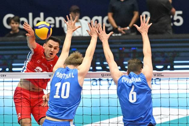 From left Czech Marek Frantisek Perry, Luka Marttila, Petteri Tyynismaa, both of Finland in action during the Men s Volleyball European Golden League - Final Four tournament: final game, Czechia vs Finland in Brno, Czech Republic, July 6, 2025. (CTKxPhoto VaclavxSalek) CTKPhotoP2025070604464  CTKPhotoP2025070604464