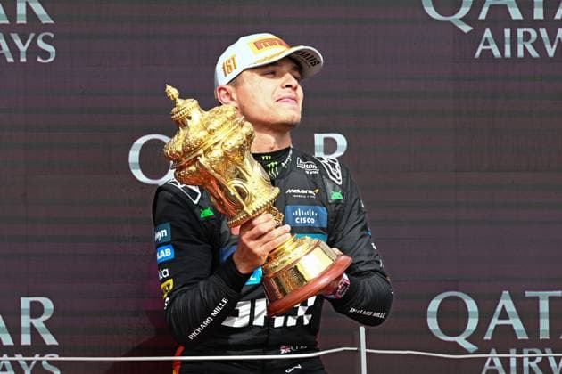 F1 Grand Prix of Great Britain Lando Norris of Great Britain and McLaren celebrates victory during the Formula 1 Qatar Airways Grand Prix of Great Britain at the Silverstone Circuit in Towcester, England, on July 6, 2024. United Kingdom  Copyright: xMIxNewsx originalFilename:fletcher-f1grandp250706_np8II.jpg
