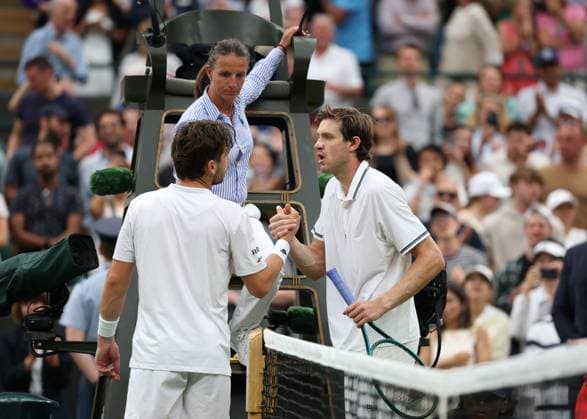 6th July 2025; All England Lawn Tennis and Croquet Club, London, England; Wimbledon Tennis Tournament, Day 7; Nicolas Jarry (CHI) arguing with Cameron Norrie (GBR) about his on court actions after losing 6-3 7-6(4) 6-7(7) 6-7(5) 6-3  ActionPlus12810924 JohnxPatrickxFletcher