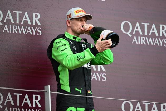 F1 Grand Prix of Great Britain Niko Hulkenberg of Kick Sauber celebrates on the podium during the 13th round of the Formula 1 World Championship, WM, Weltmeisterschaft at Silverstone Circuit in Silverstone, Northamptonshire, England, on July 6, 2025. Silverstone Northampshire United Kingdom  Copyright: xAndreaxDiodatox originalFilename:diodato-formula1250706_npqgZ.jpg