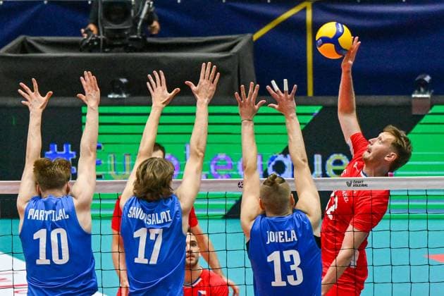 From left Luka Marttila, Severi Savonsalmi, Joonas Jokela, all of FInland and Czech Martin Licek in action during the Men s Volleyball European Golden League - Final Four tournament: final game, Czechia vs Finland in Brno, Czech Republic, July 6, 2025. (CTKxPhoto VaclavxSalek) CTKPhotoP2025070604793  CTKPhotoP2025070604793