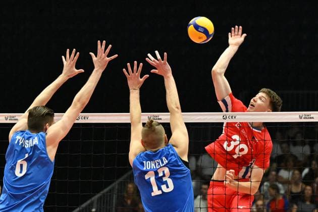 From left Petteri Tyynismaa, Joonas Jokela, both of Finland and Czech Antonin Klimes in action during the Men s Volleyball European Golden League - Final Four tournament: final game, Czechia vs Finland in Brno, Czech Republic, July 6, 2025. (CTKxPhoto VaclavxSalek) CTKPhotoP2025070604837  CTKPhotoP2025070604837