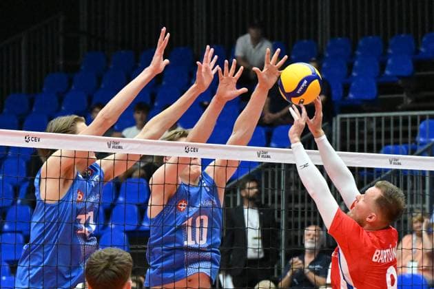 From left Severi Savonsalmi, Luka Marttila, both of Finland and Czech Lubos Bartunek in action during the Men s Volleyball European Golden League - Final Four tournament: final game, Czechia vs Finland in Brno, Czech Republic, July 6, 2025. (CTKxPhoto VaclavxSalek) CTKPhotoP2025070604849  CTKPhotoP2025070604849