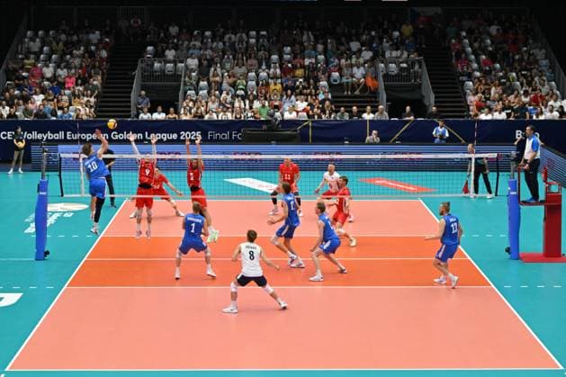 From left in action during the Men s Volleyball European Golden League - Final Four tournament: final game, Czechia vs Finland in Brno, Czech Republic, July 6, 2025. (CTKxPhoto VaclavxSalek) CTKPhotoP2025070604860  CTKPhotoP2025070604860