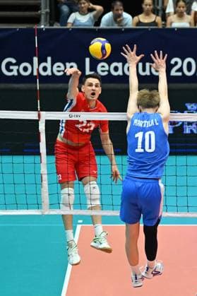 From left Czech Marek Frantisek Perry, Luka Marttila of Finland in action during the Men s Volleyball European Golden League - Final Four tournament: final game, Czechia vs Finland in Brno, Czech Republic, July 6, 2025. (CTKxPhoto VaclavxSalek) CTKPhotoP2025070604875  CTKPhotoP2025070604875