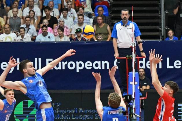 From left Luka Marttila, Petteri Tyynismaa, Fedor Ivanov, all of Finland and Antonin Klimes of Czech Republic in action during the Men s Volleyball European Golden League - Final Four tournament: final game, Czechia vs Finland in Brno, Czech Republic, July 6, 2025. (CTKxPhoto VaclavxSalek) CTKPhotoP2025070604953  CTKPhotoP2025070604953