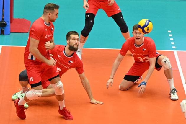 From left Jiri Benda, Adam Zajicek, Ondrej Roman of Czech Republic in action during the Men s Volleyball European Golden League - Final Four tournament: final game, Czechia vs Finland in Brno, Czech Republic, July 6, 2025. (CTKxPhoto VaclavxSalek) CTKPhotoP2025070604959  CTKPhotoP2025070604959