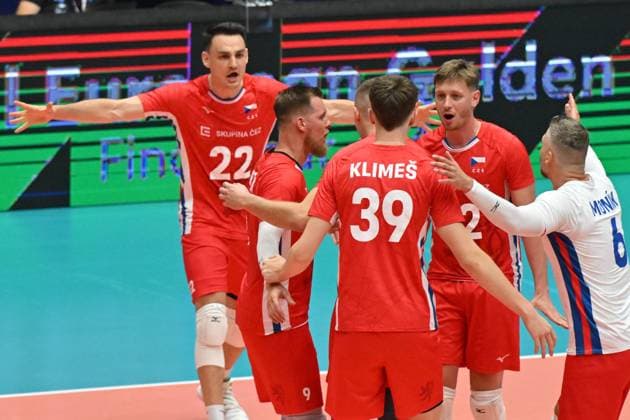 From left Frantisek Perry, Lubos Bartunek, Antonin Klimes, Martin Licek, Milan Monik of Czech Republic in action during the Men s Volleyball European Golden League - Final Four tournament: final game, Czechia vs Finland in Brno, Czech Republic, July 6, 2025. (CTKxPhoto VaclavxSalek) CTKPhotoP2025070604964  CTKPhotoP2025070604964