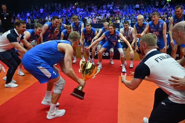Volleyball players of Finland men s national volleyball team celebrate victory after the Men s Volleyball European Golden League - Final Four tournament: final game, Czechia vs Finland in Brno, Czech Republic, July 6, 2025. The Czech team lost to Finland 1-3 in the finals of the men s volleyball Final Four European League. (CTKxPhoto VaclavxSalek) CTKPhotoP2025070605263  CTKPhotoP2025070605263