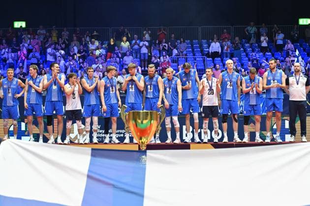 Volleyball players of Finland men s national volleyball team celebrate victory after the Men s Volleyball European Golden League - Final Four tournament: final game, Czechia vs Finland in Brno, Czech Republic, July 6, 2025. The Czech team lost to Finland 1-3 in the finals of the men s volleyball Final Four European League. (CTKxPhoto VaclavxSalek) CTKPhotoP2025070605267  CTKPhotoP2025070605267