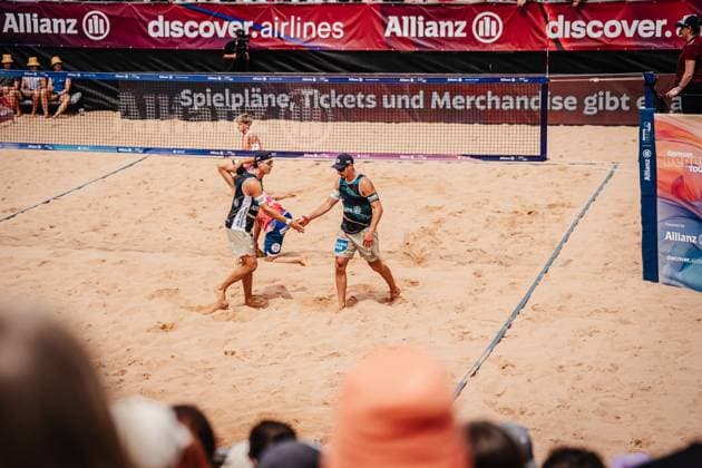 Beach volleyball men Allianz German Beach Tour 2025 Tourstop Munich 06 07 2025 f l Laurenc Grössig and Mathias Seiser Munich Central University Sports Munich Bavaria Germany