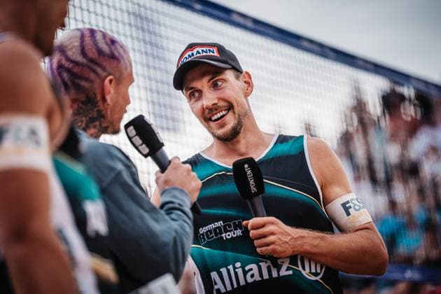 Beach volleyball men Allianz German Beach Tour 2025 Tourstop Munich 06 07 2025 David Poniewaz in an interview Munich Central University Sports Munich Bavaria Germany