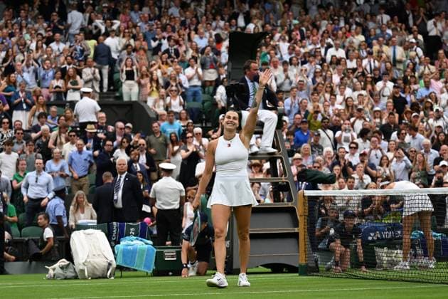 (250707) -- LONDON, July 7, 2025 -- Aryna Sabalenka celebrates after the women s singles fourth round match between Aryna Sabalenka of Belarus and Elise Mertens of Belgium at the Wimbledon Tennis Championships in London, Britain, July 6, 2025. ) (SP)BRITAIN-LONDON-TENNIS-WIMBLEDON-WOMEN S SINGLES ZhaoxDingzhe 