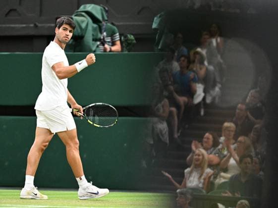 (250707) -- LONDON, July 7, 2025 -- Carlos Alcaraz reacts during the men s singles fourth round match between Carlos Alcaraz of Spain and Andrey Rublev of Russia at the Wimbledon Tennis Championships in London, Britain, July 6, 2025. ) (SP)BRITAIN-LONDON-TENNIS-WIMBLEDON-MEN S SINGLES ZhaoxDingzhe 