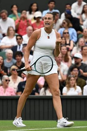 (250707) -- LONDON, July 7, 2025 -- Aryna Sabalenka celebrates during the women s singles fourth round match between Aryna Sabalenka of Belarus and Elise Mertens of Belgium at the Wimbledon Tennis Championships in London, Britain, July 6, 2025. ) (SP)BRITAIN-LONDON-TENNIS-WIMBLEDON-WOMEN S SINGLES ZhaoxDingzhe 