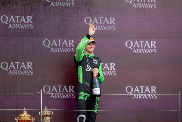 RECORD DATE NOT STATED Formula 1 Qatar Airways British Grand Prix 2025 Alexis Perrin OVERTAKE MAXPPP - Silverstone 06 07 2025 27 HULKENBERG Nico (ger), Stake F1 Team KICK Sauber, portrait podium celebration during the Formula 1 Qatar Airways British Grand Prix 2025, the 12th round of the 2025 FIA Formula 1 World Championship, WM, Weltmeisterschaft at the Silverstone Circuit in Silverstone, United Kingdom, from July 3 to 6, 2025 Silverstone United Kingdom  Copyright: xOVERTAKE MAXPPPxAlexisxPerrinx OVT202507073247 OVT202507073247