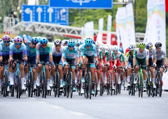 XINING, CHINA - JULY 06: Cyclists compete during Stage 1 of the Tour of Magnificent Qinghai international Road cycling, Rad, Radsport, Strasse race on July 6, 2025 in Xining, Qinghai Province of China.  Copyright: xChinaxNewsxServicex 111578046110