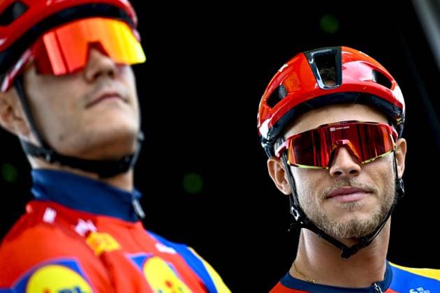 Belgian Jasper Stuyven of Lidl-Trek and Italian Jonathan Milan of Lidl-Trek pictured at the start of the third stage of the 2025 Tour de France cycling, from Valenciennes to Dunkerque (178 km) on Monday 07 July 2025 in France. The 112th edition of the Tour de France starts on Saturday 5 July in Lille, France, and will finish in Paris, France on the 27th of July. JASPERxJACOBS  x128591503x