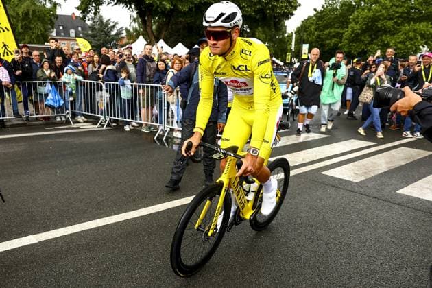 Dutch Mathieu van der Poel of Alpecin-Deceuninck wearing the yellow jersey pictured at the start of the third stage of the 2025 Tour de France cycling, from Valenciennes to Dunkerque (178 km) on Monday 07 July 2025 in France. The 112th edition of the Tour de France starts on Saturday 5 July in Lille, France, and will finish in Paris, France on the 27th of July. DAVIDxPINTENS  x128592168x