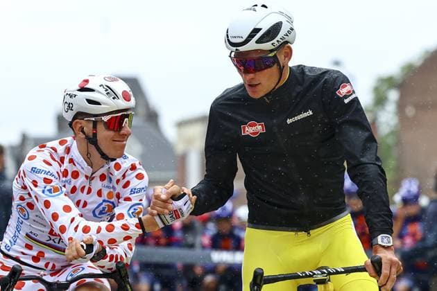 Slovenian Tadej Pogacar of UAE Team Emirates and Dutch Mathieu van der Poel of Alpecin-Deceuninck pictured at the start of the third stage of the 2025 Tour de France cycling, from Valenciennes to Dunkerque (178 km) on Monday 07 July 2025 in France. The 112th edition of the Tour de France starts on Saturday 5 July in Lille, France, and will finish in Paris, France on the 27th of July. DAVIDxPINTENS  x128593460x