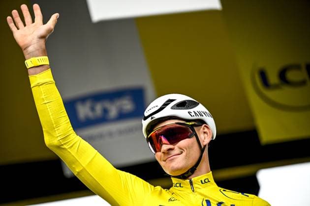 Dutch Mathieu van der Poel of Alpecin-Deceuninck wearing the yellow jersey pictured at the start of the third stage of the 2025 Tour de France cycling, from Valenciennes to Dunkerque (178 km) on Monday 07 July 2025 in France. The 112th edition of the Tour de France starts on Saturday 5 July in Lille, France, and will finish in Paris, France on the 27th of July. JASPERxJACOBS  x128593461x