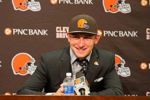 April 26, 2016 - Former Cleveland Browns quarterback Johnny Manziel indicted for domestic violence by a Dallas grand jury. Pictured: May 9, 2014: Cleveland Browns first round draft pick Johnny Manziel answers questions from the media at the Cleveland Browns Training Facility in Berea, OH. Scott Terna CSM Copyright: xScottxTernax