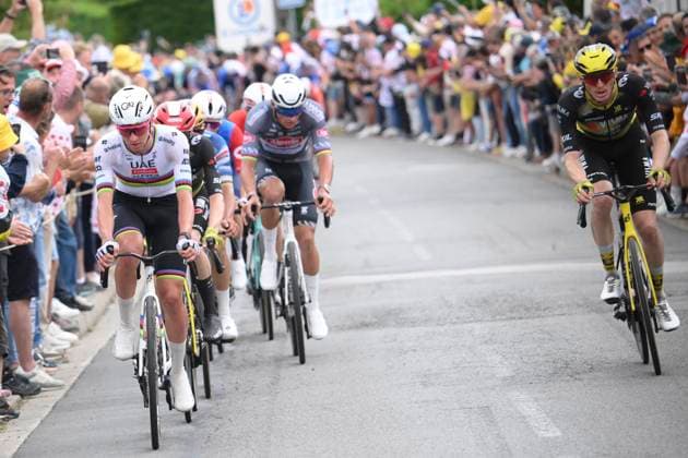 Tour de France 2025 Stage 2 BOULOGNE-SUR-MER, FRANCE - JULY 06 : Pogacar Tadej (SLO) of UAE Team Emirates, Van der Poel Mathieu (NED) of Alpecin - Deceuninck, Jorgenson Matteo (USA) of Team Visma Lease a Bike during stage 2 of the 112th edition of Tour de France an UCI World Tour 2.UWT cycling road race stage for Men Elite of 212 km with start in Lauwin-Planque and finish in Boulogne-sur-Mer on July 6, 2025 in Boulogne-sur-Mer, France, 06 07 2025 ( Motordriver Kenny Verfaillie - Boulogne-sur-Mer France  Copyright: xBernardxPaponx