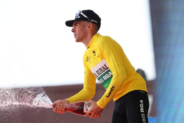 (250707) -- XINING, July 7, 2025 -- First placed Guillermo Thomas Silva Coussan of Caja Rural-Seguros RGA celebrates in the yellow jersey on the podium after Stage 2 of the Tour of Magnificent Qinghai International Road cycling, Rad, Radsport, Strasse Race from Duoba to Huzhu, northwest China s Qinghai Province, July 7, 2025. ) (SP)CHINA-QINGHAI-CYCLING-TOUR OF MAGNIFICENT QINGHAI-STAGE 2 (CN) ZhangxLong 