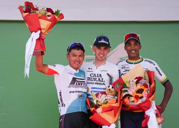 (250707) -- XINING, July 7, 2025 -- First placed Guillermo Thomas Silva Coussan (C) of Caja Rural-Seguros RGA, second placed Jonathan Klever Caicedo Cepeda (L) of Petrolike and third placed Henok Mulueberhan of XDS Astana Team pose on the podium after Stage 2 of the Tour of Magnificent Qinghai International Road cycling, Rad, Radsport, Strasse Race from Duoba to Huzhu, northwest China s Qinghai Province, July 7, 2025. ) (SP)CHINA-QINGHAI-CYCLING-TOUR OF MAGNIFICENT QINGHAI-STAGE 2 (CN) QixZhiyue 