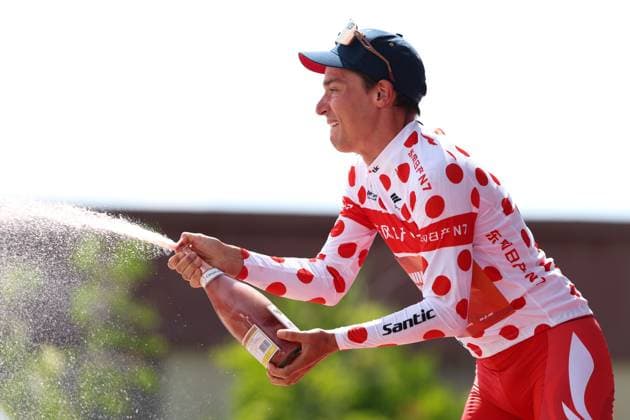 (250707) -- XINING, July 7, 2025 -- Simon Pellaud of Li Ning Star celebrates in the polka-dot jersey on the podium after Stage 2 of the Tour of Magnificent Qinghai International Road cycling, Rad, Radsport, Strasse Race from Duoba to Huzhu, northwest China s Qinghai Province, July 7, 2025. ) (SP)CHINA-QINGHAI-CYCLING-TOUR OF MAGNIFICENT QINGHAI-STAGE 2 (CN) ZhangxLong 