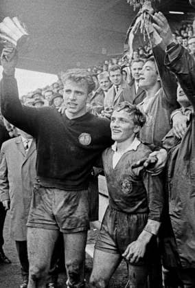 Cup winner GDR, goalkeeper Juergen Croy left and coach Rainer Schlutter, Sixties, football, international UEFA youth tournament 1965, 25 04 1965, final, German Democratic Republic GDR vs. England 3 2, Gruga Stadium in Essen Sixties, sports, football, international UEFA youth tournament 1965, 25 04 1965, final, German Democratic Republic GDR vs. England 3 2, Gruga Stadium in Essen, rejoicing with the winners cup, goalkeeper Juergen Croy DDR left and team captain Rainer Schlutter DDR , Sixties, sports, football, international UEFA youth class tournament 1965, 25 04 1965, final, German Democratic Republic GDR vs England 3 2, Gruga Stadium in Essen, rejoicing with the winners cup, goalkeeper Juergen Croy DDR left and team captain Rainer Schlutter DDR