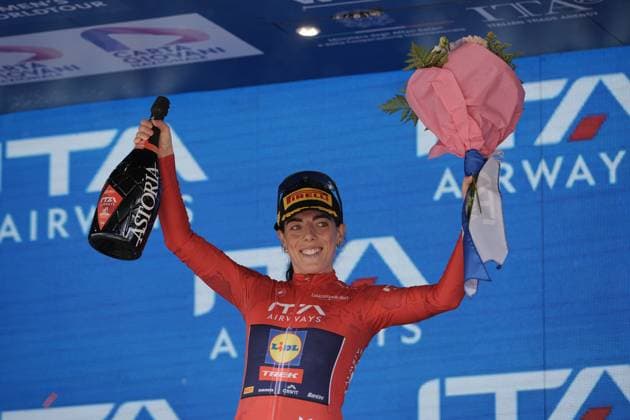 Red Jersey Marlen Reusser (Movistar Team) during the 2nd stage of the Giro d™Italia Women, from Clusone to Aprica, Italy Monday, July 07, 2025. - cycling .  Copyright: xx