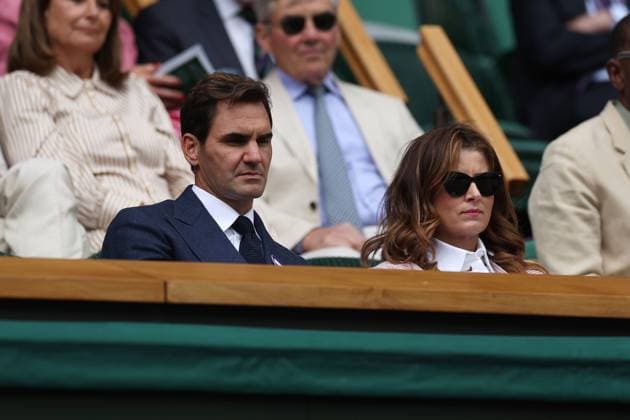 Roger Federer and Mirka Federer watch the Novak Djokovic v Alex de Minaur Round of 16 match Wimbledon Tennis Championships, Day 8, The All England Lawn Tennis and Croquet Club, London, UK - 07 Jul 2025London The All England Lawn Tennis and United Kingdom  Copyright: xEllaxLing Shutterstockx 15387974c