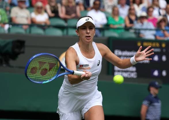 7th July 2025; All England Lawn Tennis and Croquet Club, London, England; Wimbledon Tennis Tournament, Day 8; Belinda Bencic (SUI) with a forehand shot to Ekaterina Alexandrova (RUS)  ActionPlus12811200 JohnxPatrickxFletcher