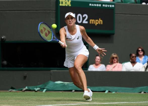 7th July 2025; All England Lawn Tennis and Croquet Club, London, England; Wimbledon Tennis Tournament, Day 8; Belinda Bencic (SUI) with a forehand shot to Ekaterina Alexandrova (RUS)  ActionPlus12811202 JohnxPatrickxFletcher