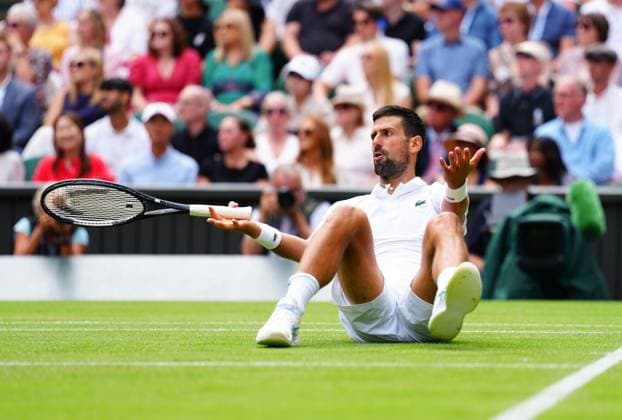 Novak Djokovic falls during his fourth round match Wimbledon Tennis Championships, Day 8, The All England Lawn Tennis and Croquet Club, London, UK - 07 Jul 2025London The All England Lawn Tennis and United Kingdom  Copyright: xJavierxGarcia Shutterstockx 15387972u