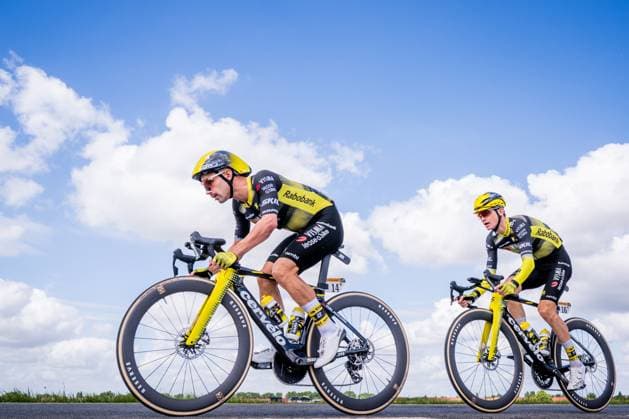 Belgian Victor Campenaerts of Team Visma-Lease a Bike and American Sepp Kuss of Team Visma-Lease a Bike pictured in action during the third stage of the 2025 Tour de France cycling, from Valenciennes to Dunkerque (178 km) on Monday 07 July 2025 in France. The 112th edition of the Tour de France starts on Saturday 5 July in Lille, France, and will finish in Paris, France on the 27th of July. JASPERxJACOBS  x128602831x