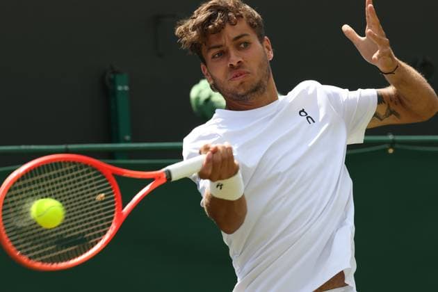 July 7, 2025, London, United Kingdom: FLAVIO COBOLLI of Italy during the match against M. Cilic of Croatia in the 1 8 finals of the Championships 2025 at Wimbledon in London. Cobolli won 6:4, 6:4, 6:7, 7:6 . London United Kingdom - ZUMAc278 20250707_zsp_c278_027 Copyright: xMarcinxCholewinskix