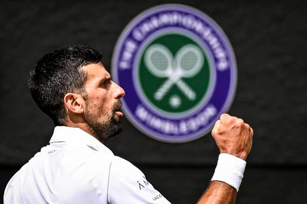 Novak Djokovic celebrates winning important point during his Wimbledon 2025 Men?s Singles Round of 16 tennis match against Alex de Minaur at the All England Tennis Club in London, England (Richard Callis SPP) Copyright: xRichardxCallis SPPx spp-en-RiCa-SPP25_rica_07jul25_21464