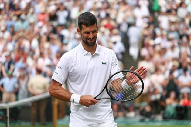 7th July 2025; All England Lawn Tennis and Croquet Club, London, England; Wimbledon Tennis Tournament, Day 8; Novak Djokovic (SRB) celebrates after defeating Alex de Minaur (AUS) to book a place in the Gentlemen& x2019;s& xa0;Singles Quarter-finals  ActionPlus12811231 JohnxPatrickxFletcher